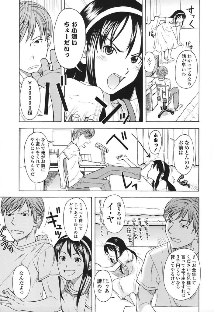 【エロ漫画】金欠になった12歳の少女！ロリコンで童貞の兄に小遣いをせびりに！２時間触り放題で３万で交渉成立！強引に本番中出しして１０万円取られた兄！【鬼束直】