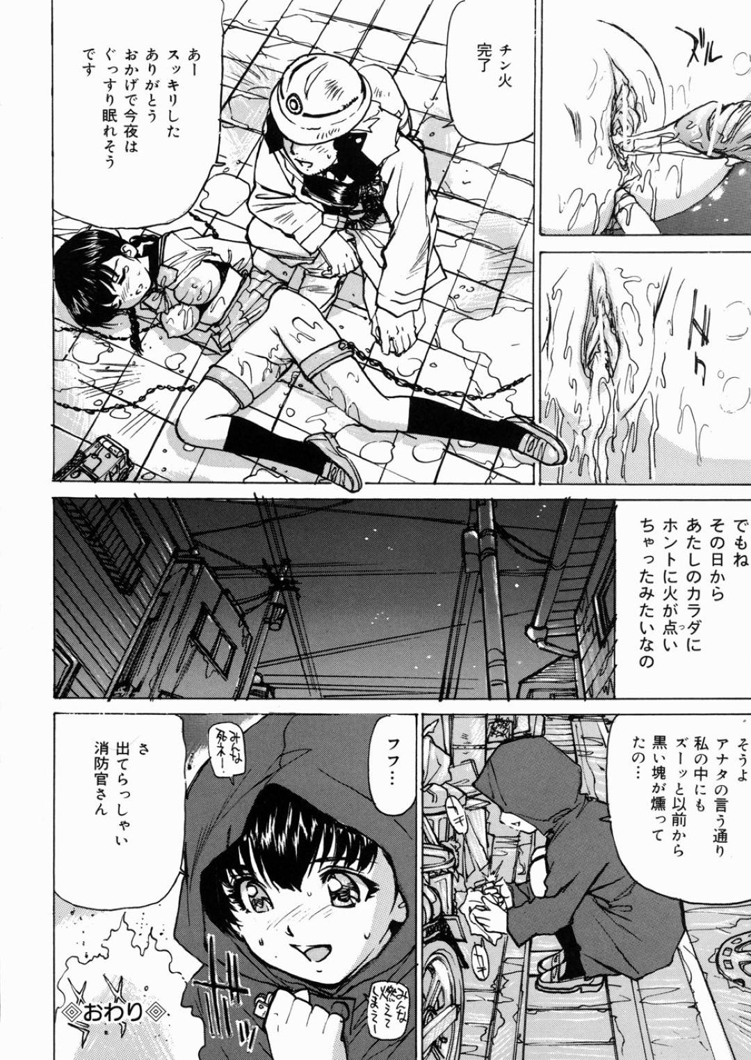 【エロ漫画】消火を終えた消防士に突然襲われ拘束監禁されたJC…ろうそくの蝋を垂らされ消化ホースで水をぶっかけれ消火活動される！【真弓大介】