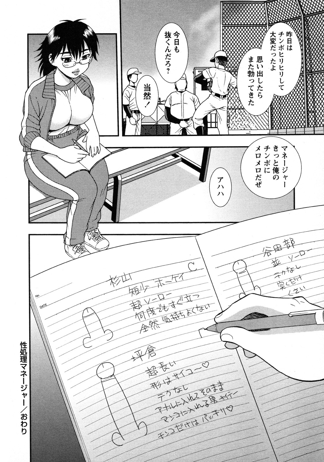 【エロ漫画】部員たちのチンポの記録をとって性処理しちゃうビッチ巨乳のマネージャー…騎乗位やバックで生ハメ中出しセックスで絶頂アクメ堕ちしちゃう【しのざき嶺：性処理マネージャー】 14ページ
